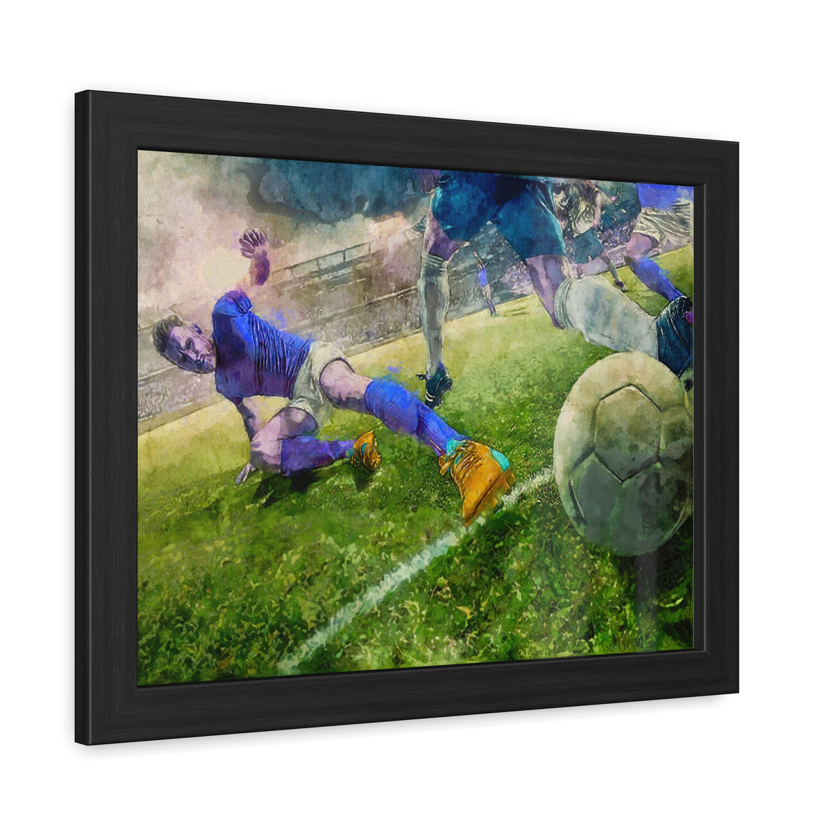 Slide to Victory: Expressionist Soccer Art - Ready to Hang Framed Watercolour Fine Art Print, Football Wall Art, Soccer Fan Gift