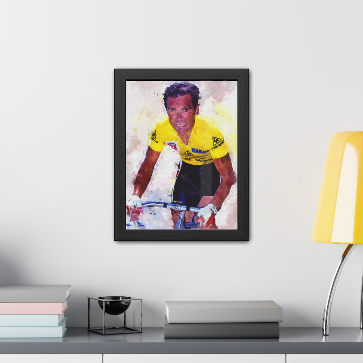 Bernard Hinault's Tour de France Triumph: Yellow Jersey Majesty in Framed Watercolour Art Print
