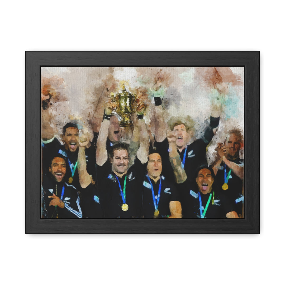 Rugby World Cup Winners 2011 All Blacks Framed Watercolour Painting Fine Art Print Poster, Ready to Hang, Rugby Fan Gift