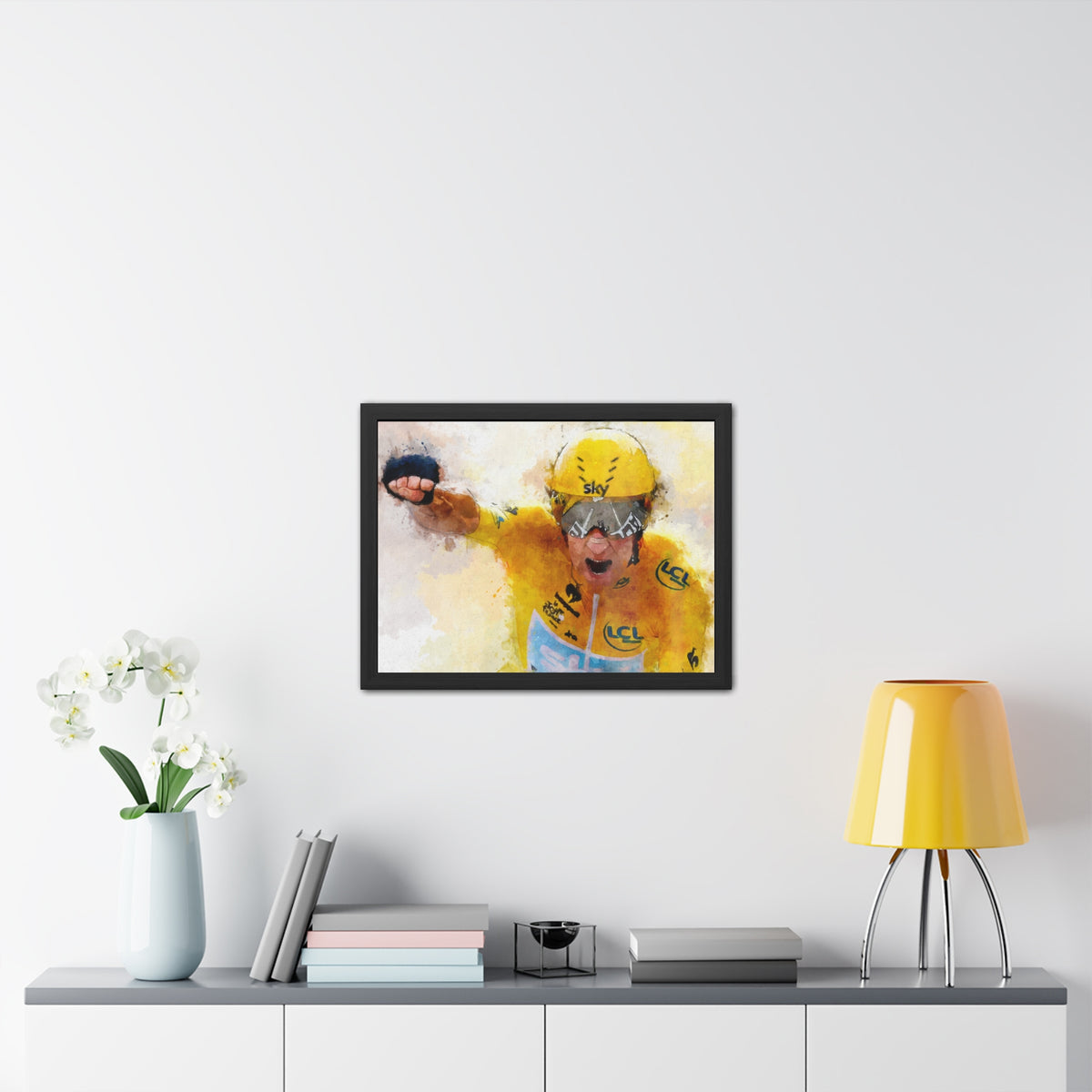 Bradley Wiggins Tour de France Glory: Yellow Jersey Triumph in Framed Watercolour Art Print