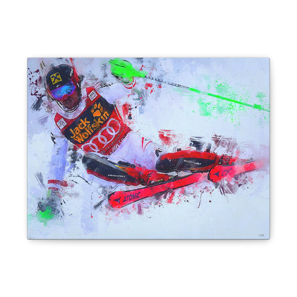 Masterful Descent: Marcel Hirscher Skiing Painting Print - Stretched Canvas Fine Art Print Poster, Ready to Hang Wall Art, Skier Gift