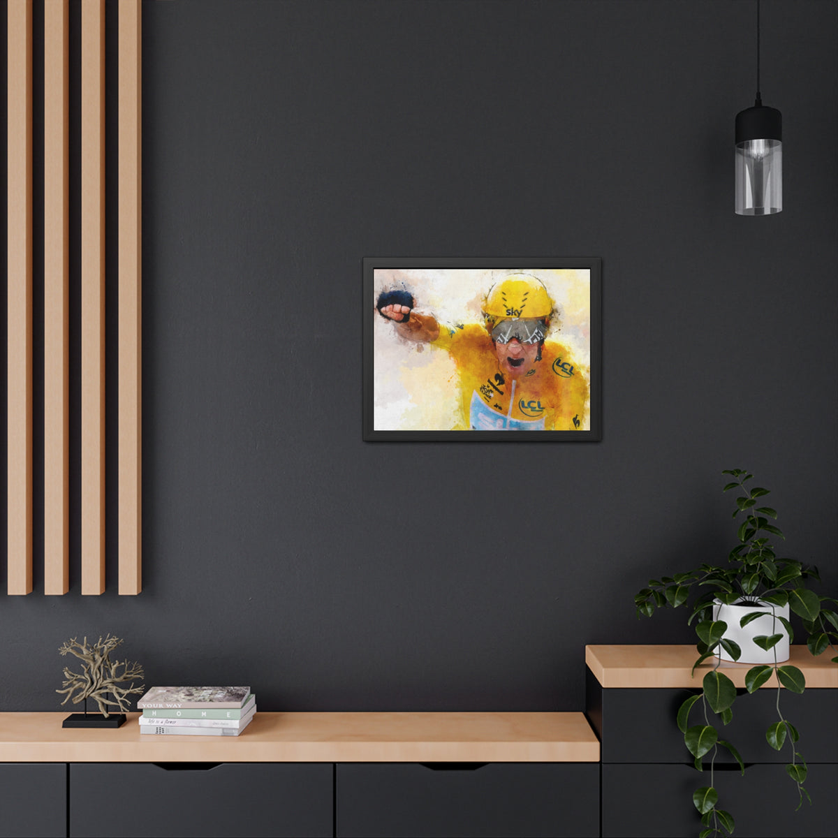 Bradley Wiggins Tour de France Glory: Yellow Jersey Triumph in Framed Watercolour Art Print