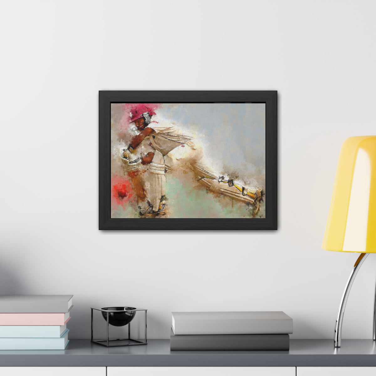 Dynamic Cricket Stroke: Red Ball Impacts Bat Watercolour Framed Art Print Poster - Ready to Hang Cricket Gif