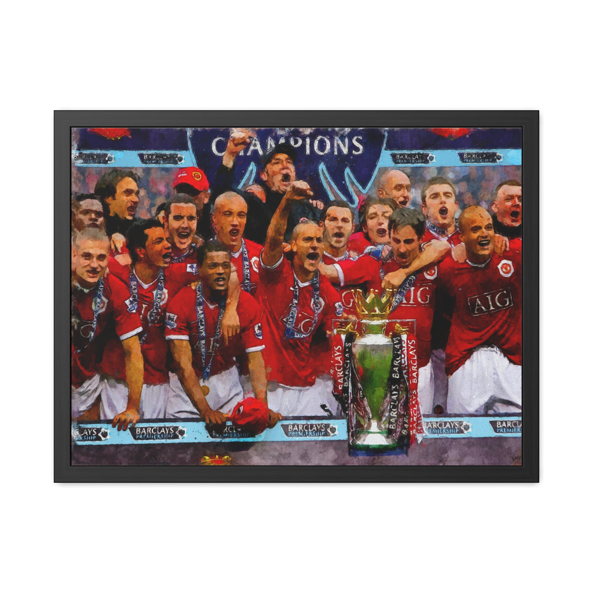 Premier League Winners 2007 Manchester United Watercolour Painting, Ready to Hang Framed Art Print Poster, Man United Fan Gift