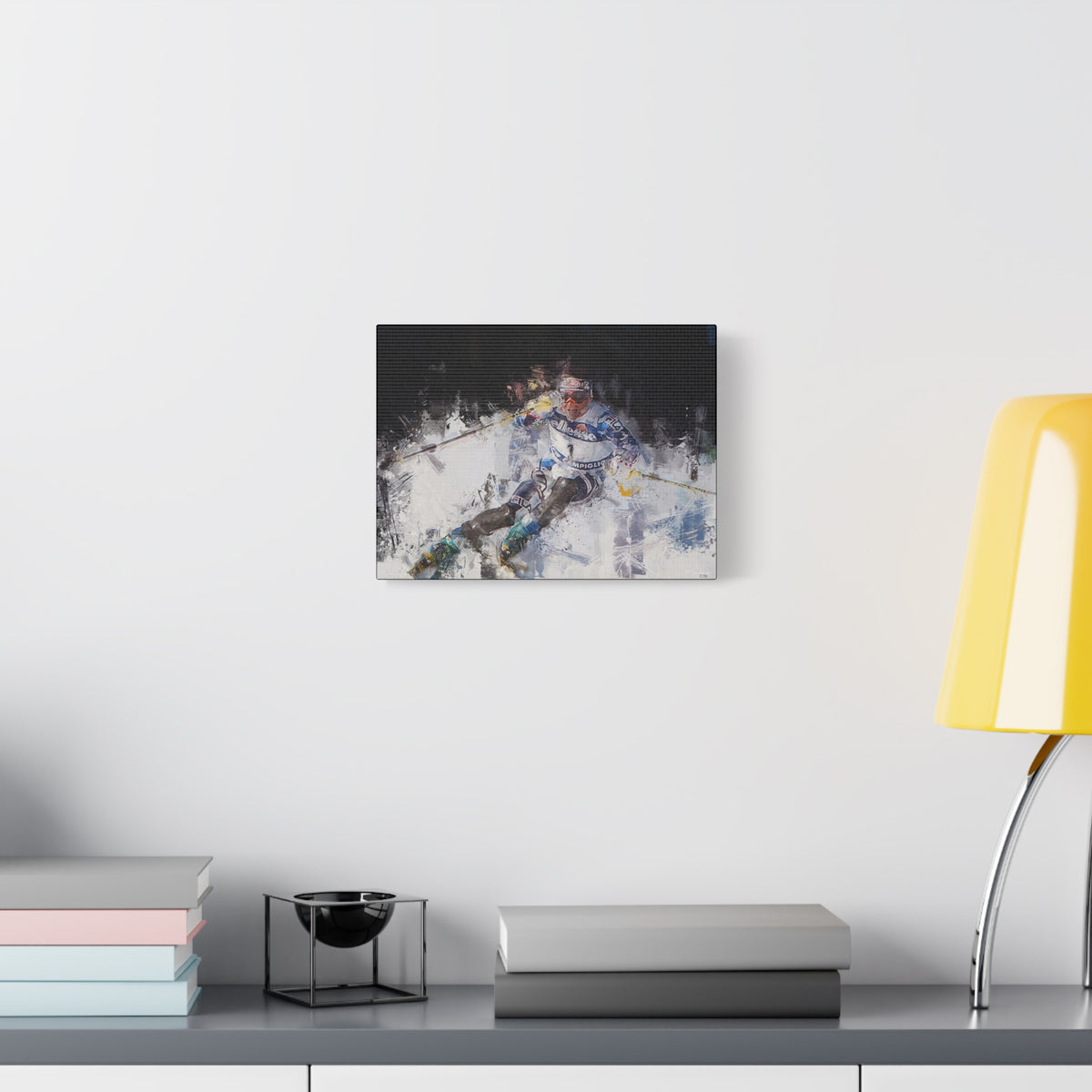 Alberto Tomba's Mastery Unleashed Skiing Painting Print on Stretched Canvas Skiing Fine Art Print Poster, Ready to Hang Wall Art, Skier Gift