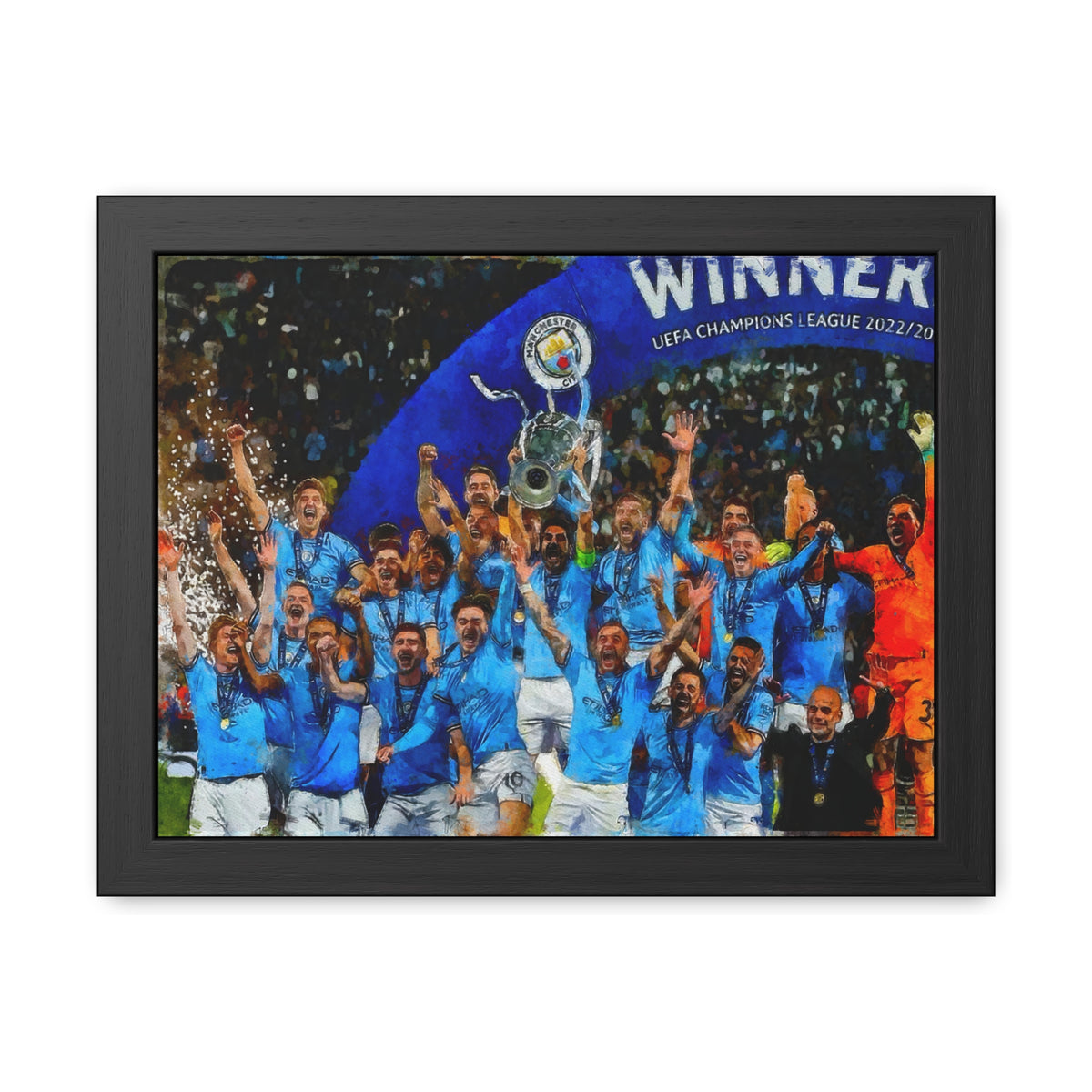Champions League Winners 2023 Manchester City Watercolour Painting, Ready to Hang Framed Art Print Poster, Man City Fan Gift