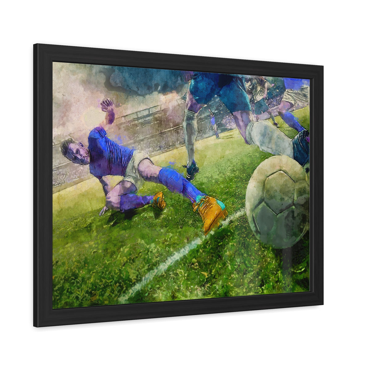 Slide to Victory: Expressionist Soccer Art - Ready to Hang Framed Watercolour Fine Art Print, Football Wall Art, Soccer Fan Gift