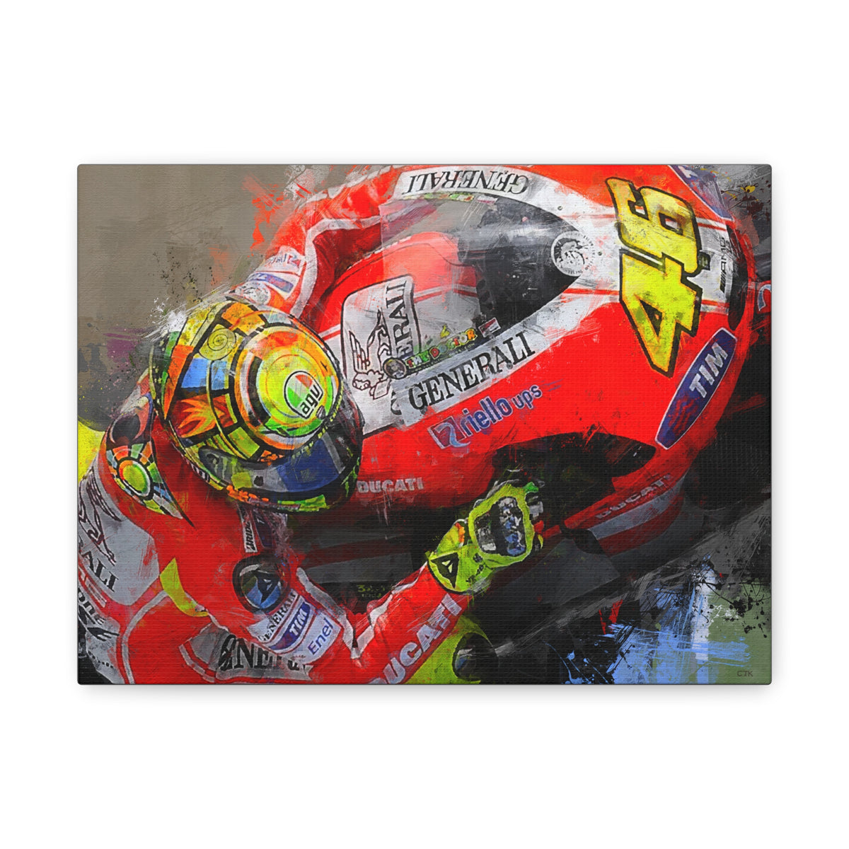 Ride the Thrill: Expressionist MotoGP Rider Close-Up - Stretched Canvas Fine Art Print Poster - Ready to Hang, Wall Art MotoGP Gift