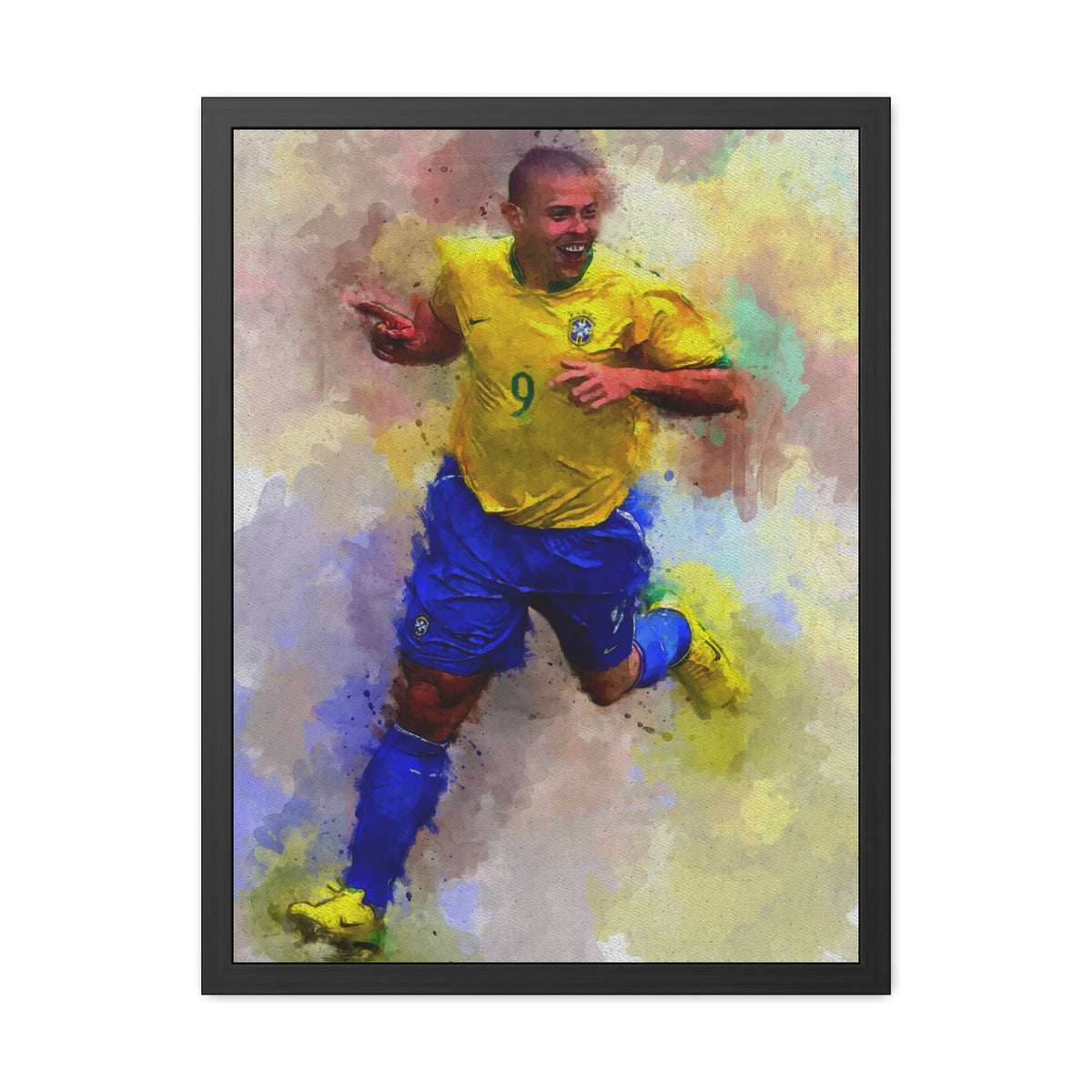 Brazilian Soccer Legend Ronaldo Expressionist Watercolour Portrait, Fine Art Print with Hand-Crafted Frame, Ready to Hang Framed Watercolour Fine Art Painting Print Poster, Football Wall Art, Soccer Fan Gift