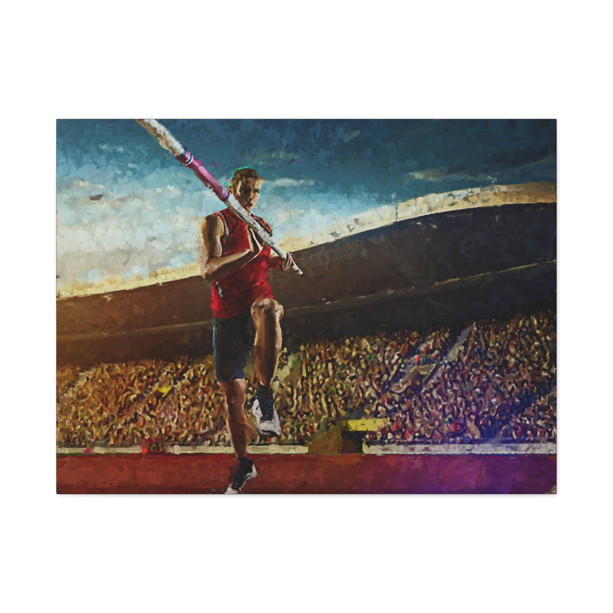 Impressionist Modern Art Print on Canvas of a Pole Vaulter - Dynamic Athletics Art with Impasto Brush Strokes, Stretched Canvas Fine Art Print Poster - Ready to Hang Wall Art, Pole Vault Fan Gift