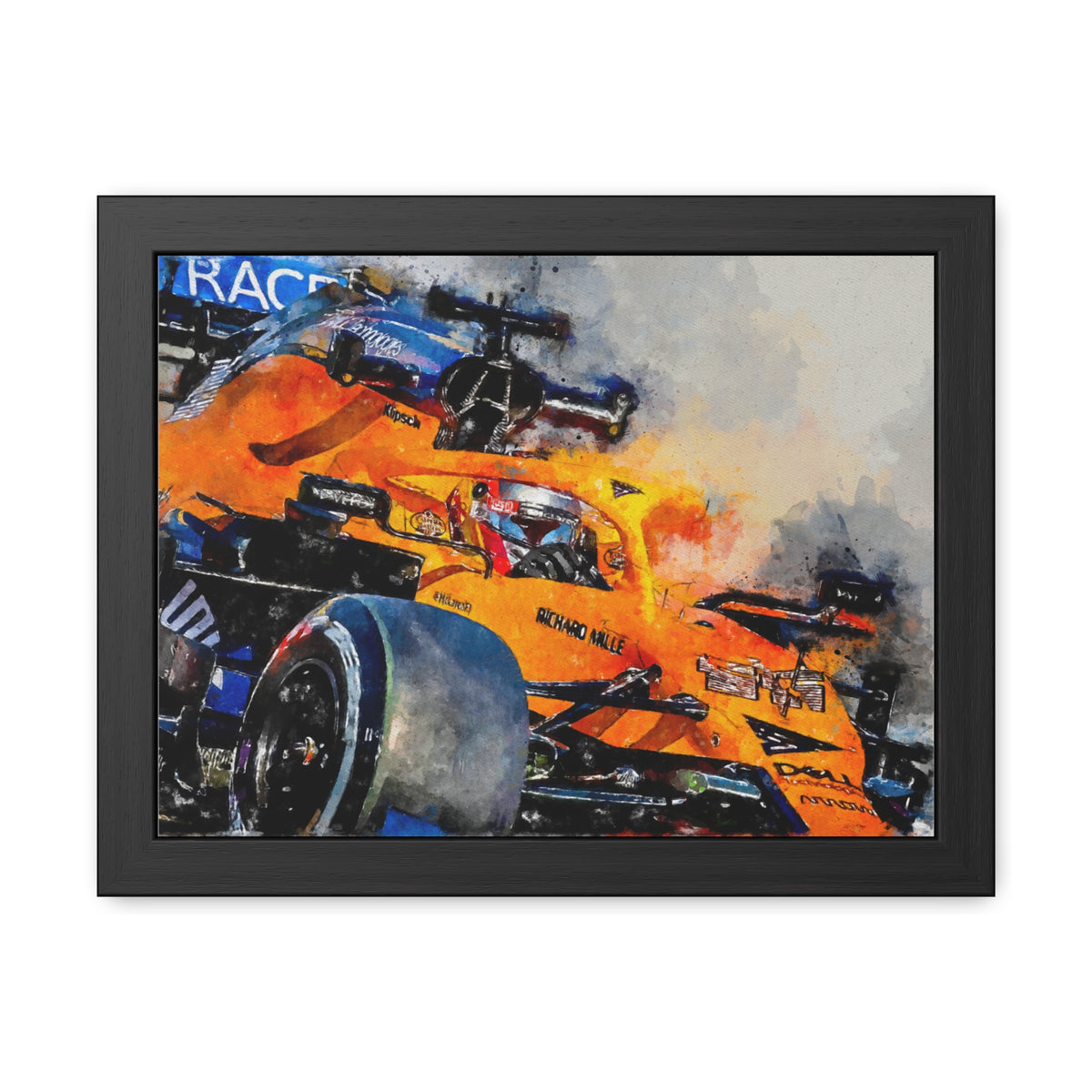 Experience the Thrill: Framed Watercolour F1 Fine Art Print Poster of a McClaren Racing Car - Ready to Hang, Wall Art Formula One Gift.
