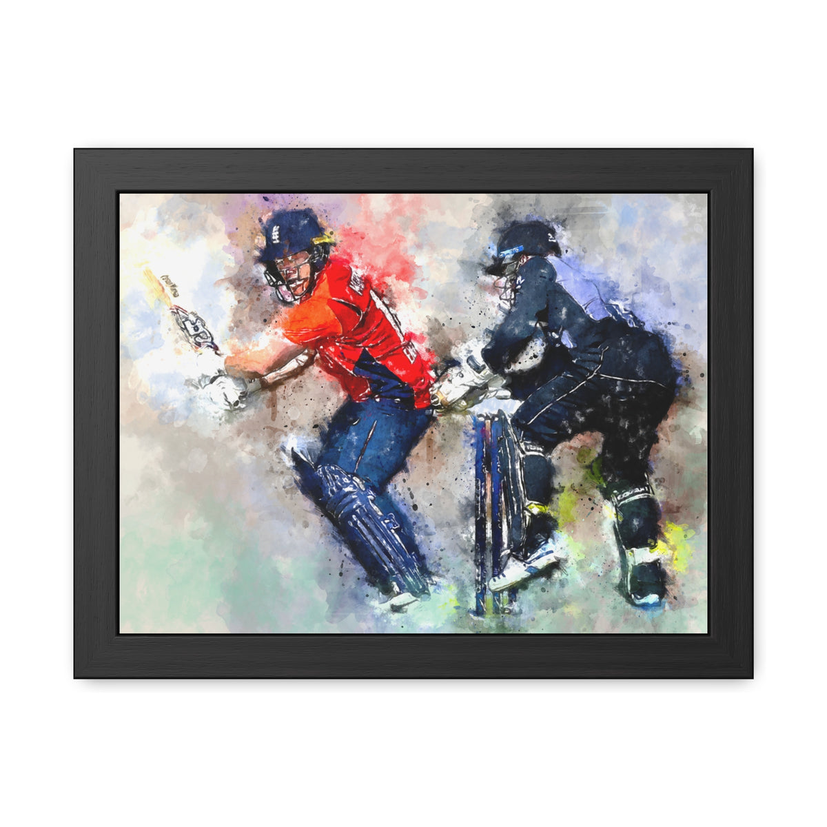 Dynamic Cricket Harmony: Batter and Wicket keeper Framed Watercolour Art - Ready to Hang Cricket Gift