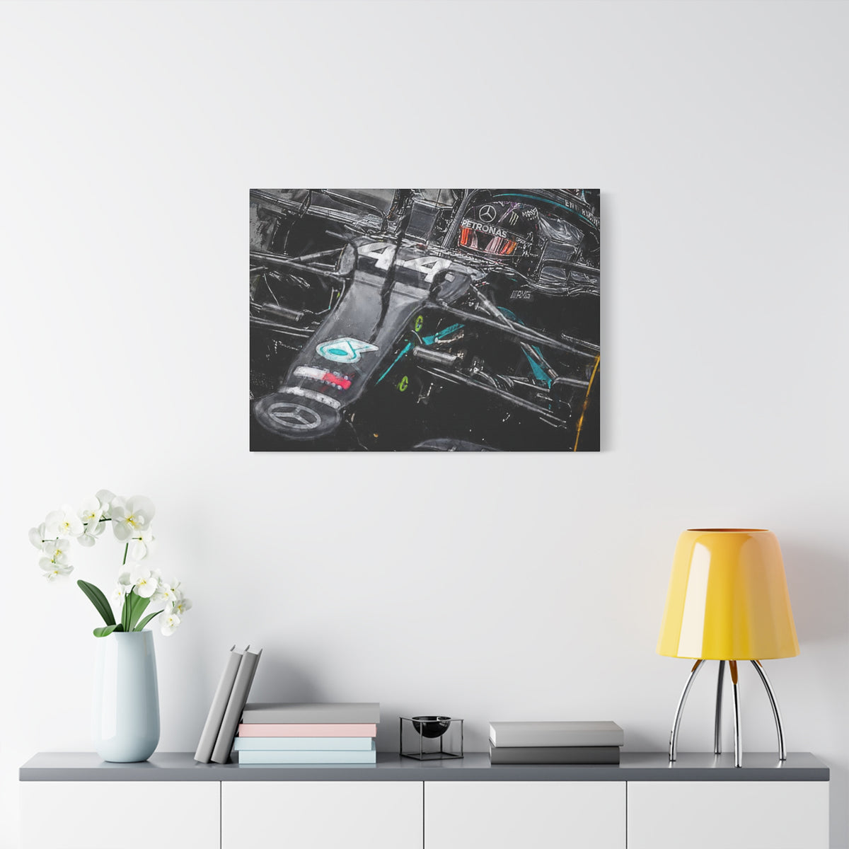 Drive into Mercedes Elegance: Stretched Canvas Fine Art F1 Print Poster - Ready to Hang, Wall Art Formula One Gift