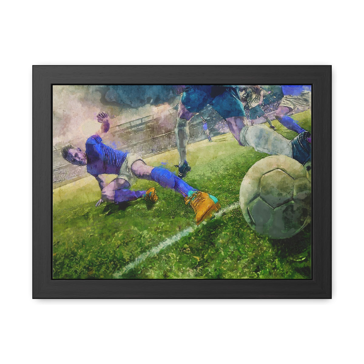 Slide to Victory: Expressionist Soccer Art - Ready to Hang Framed Watercolour Fine Art Print, Football Wall Art, Soccer Fan Gift