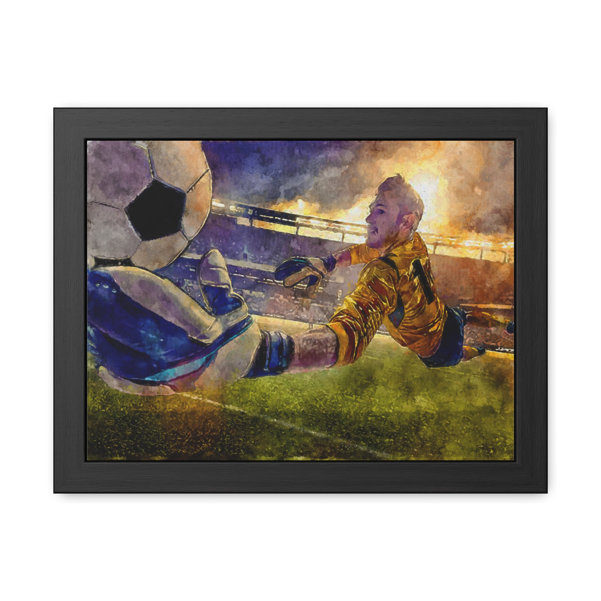 Goalie's Flight: Expressionist Soccer Art - Dive In! Ready to Hang Framed Watercolour Fine Art Print, Football Wall Art, Soccer Fan Gift