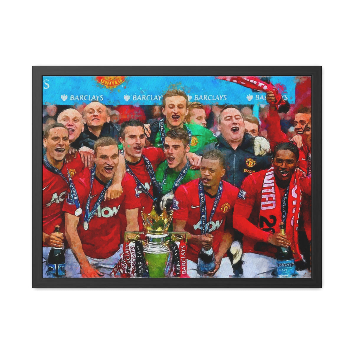 Premier League Winners 2013 Manchester United Watercolour Painting, Ready to Hang Framed Art Print Poster, Man United Fan Gift
