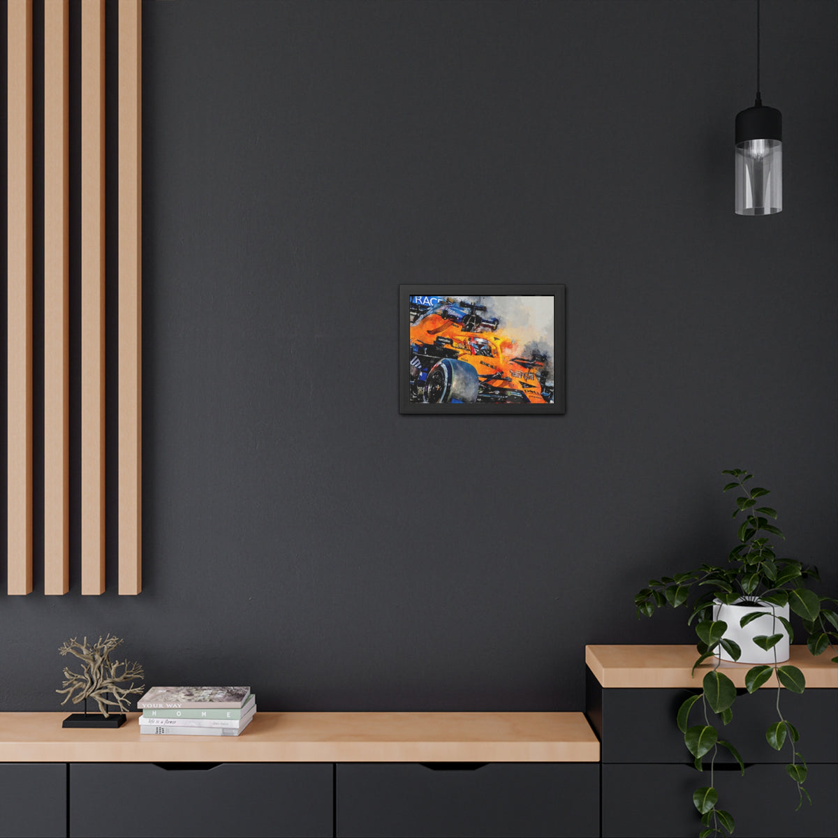 Experience the Thrill: Framed Watercolour F1 Fine Art Print Poster of a McClaren Racing Car - Ready to Hang, Wall Art Formula One Gift.
