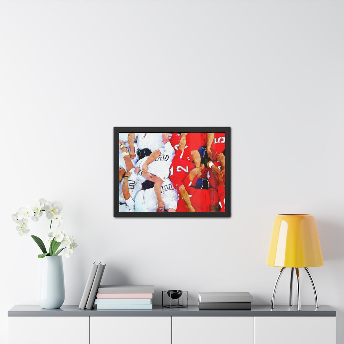 Dynamic Rugby Scrum, Ready to Hang Framed Watercolour Fine Art Print Poster, Elevate Your Space with Rugger Wall Art, Perfect Rugby Fan Gift