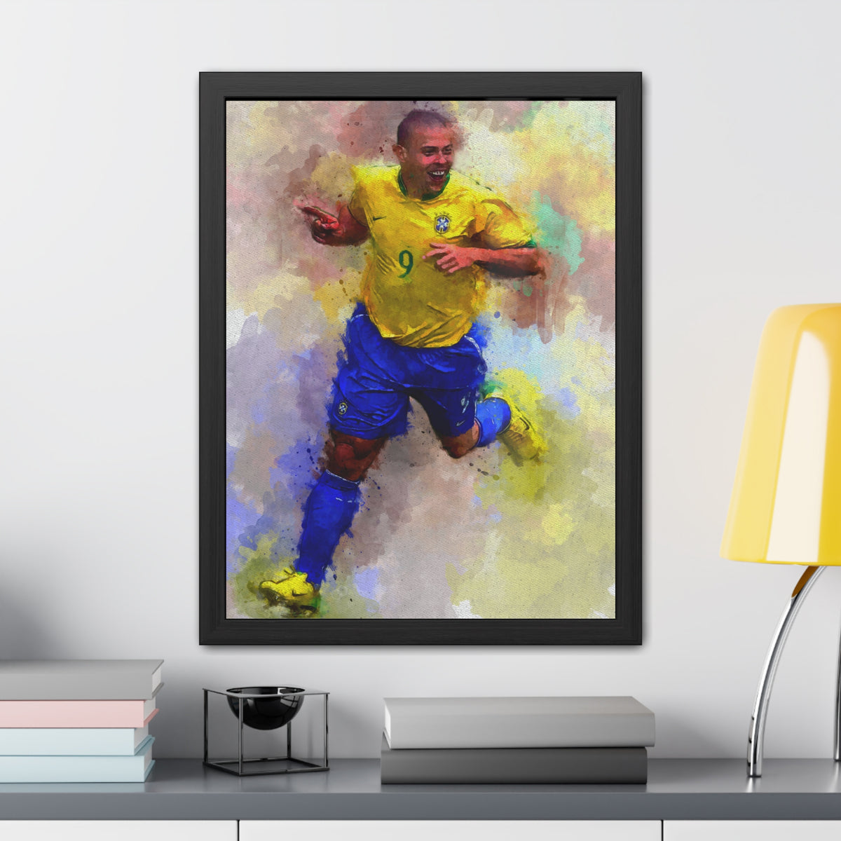 Brazilian Soccer Legend Ronaldo Expressionist Watercolour Portrait, Fine Art Print with Hand-Crafted Frame, Ready to Hang Framed Watercolour Fine Art Painting Print Poster, Football Wall Art, Soccer Fan Gift