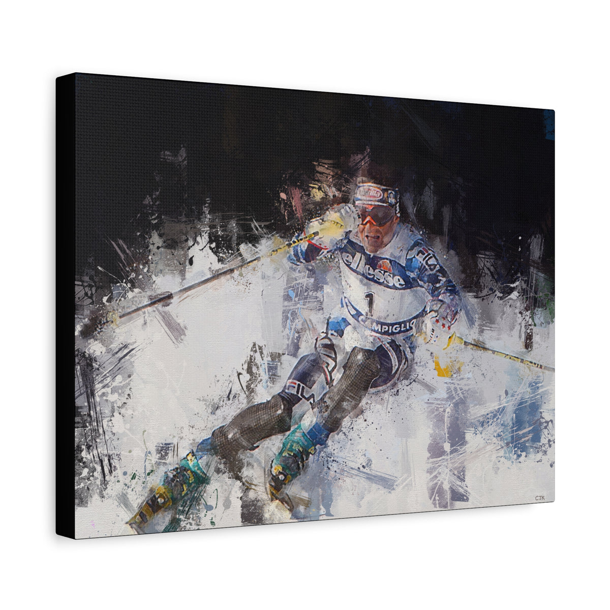 Alberto Tomba's Mastery Unleashed Skiing Painting Print on Stretched Canvas Skiing Fine Art Print Poster, Ready to Hang Wall Art, Skier Gift