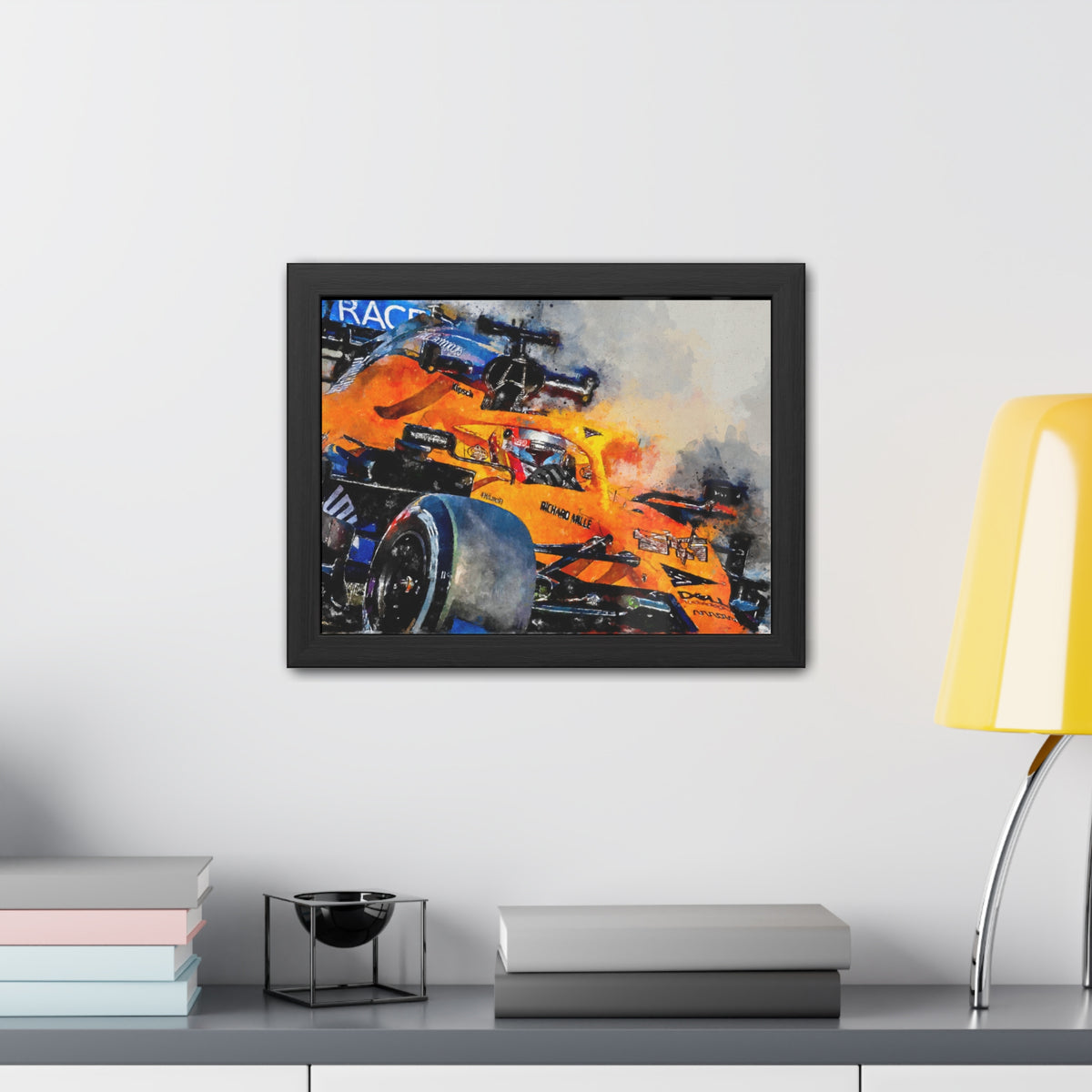 Experience the Thrill: Framed Watercolour F1 Fine Art Print Poster of a McClaren Racing Car - Ready to Hang, Wall Art Formula One Gift.