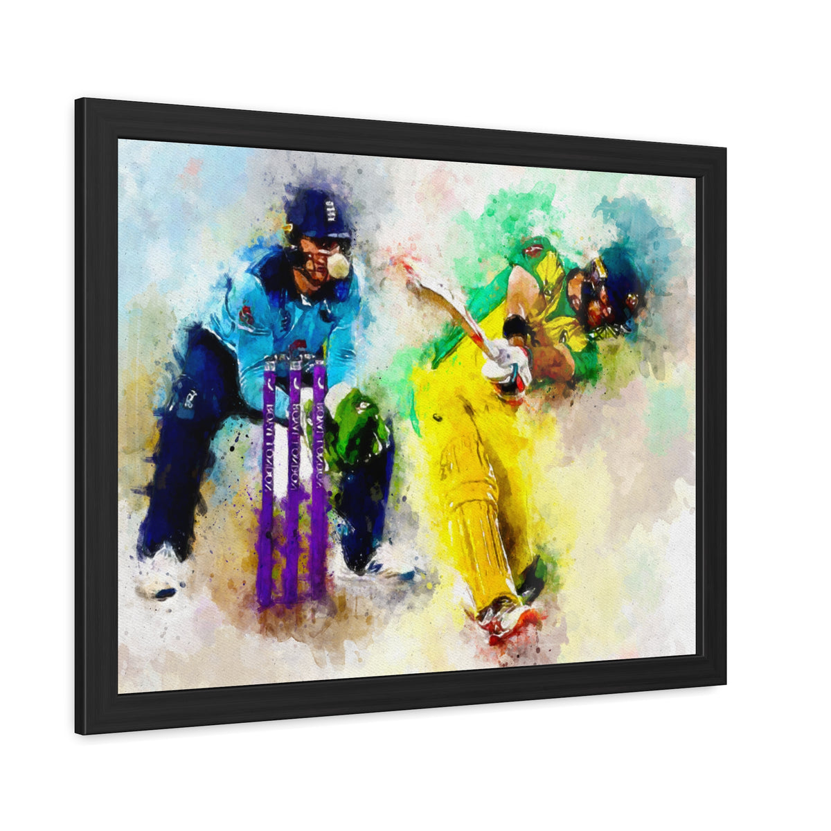 Vibrant Cricket Synergy: Batter and Wicketkeeper Watercolour Framed Art Print Poster - Ready to Hang Cricket Gift