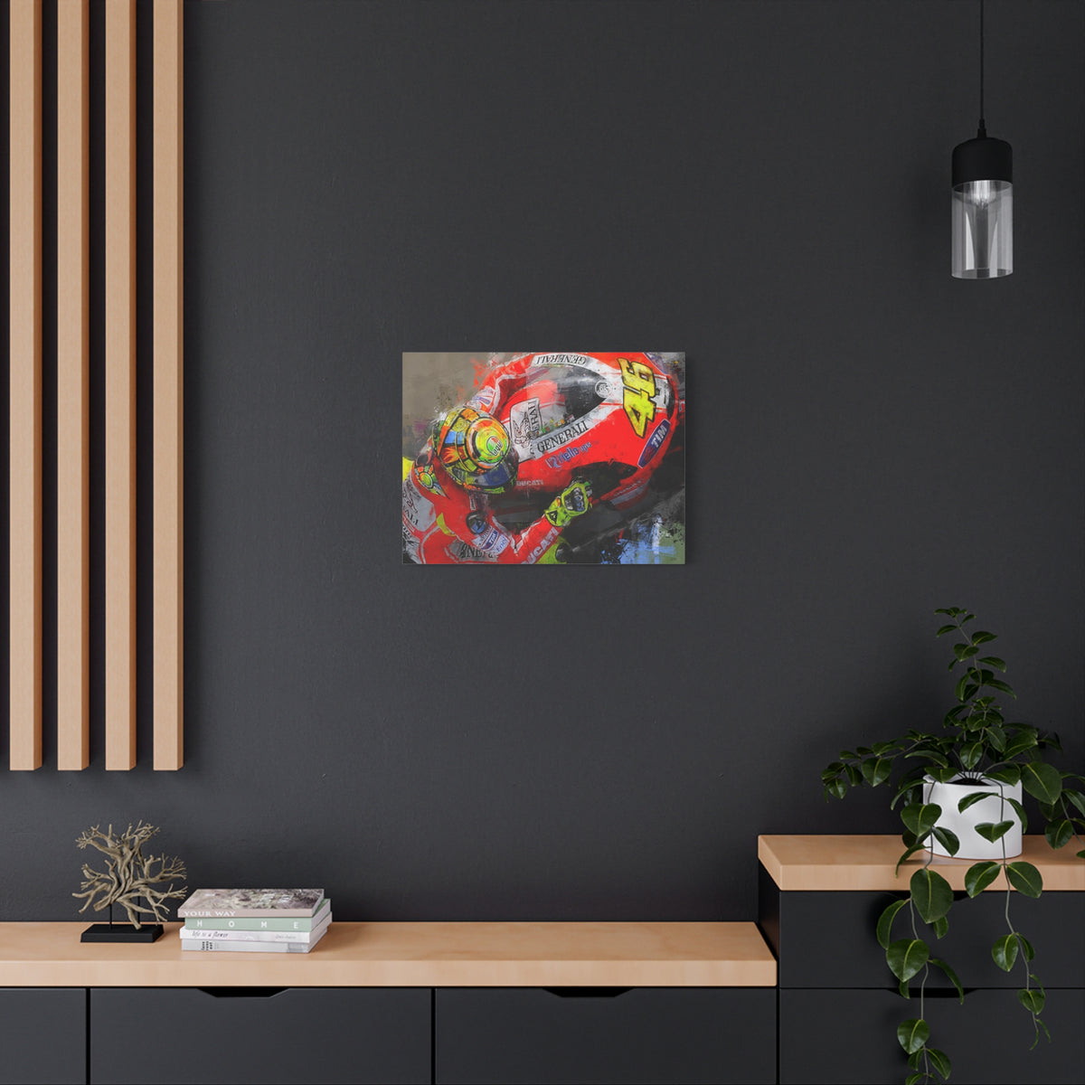 Ride the Thrill: Expressionist MotoGP Rider Close-Up - Stretched Canvas Fine Art Print Poster - Ready to Hang, Wall Art MotoGP Gift