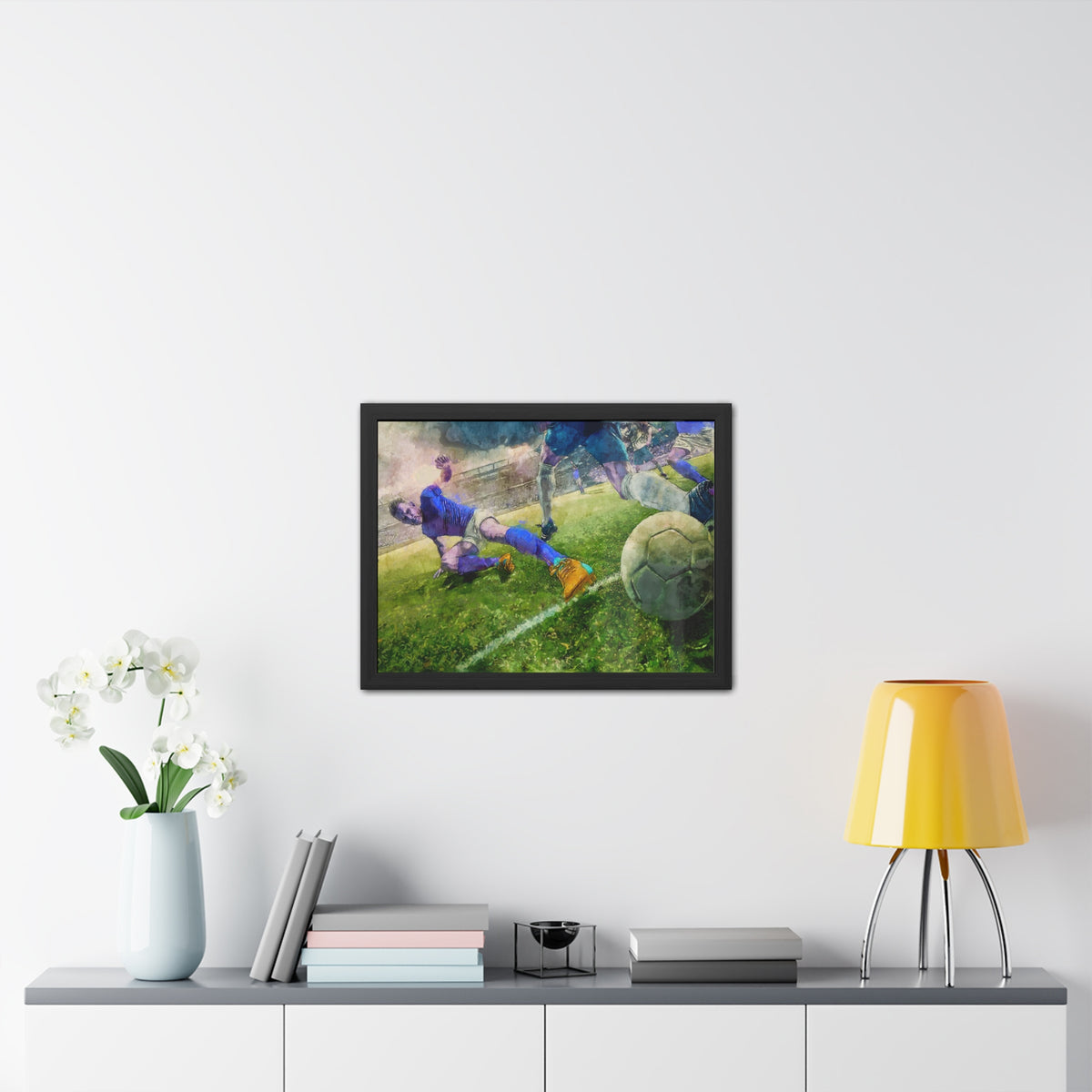 Slide to Victory: Expressionist Soccer Art - Ready to Hang Framed Watercolour Fine Art Print, Football Wall Art, Soccer Fan Gift