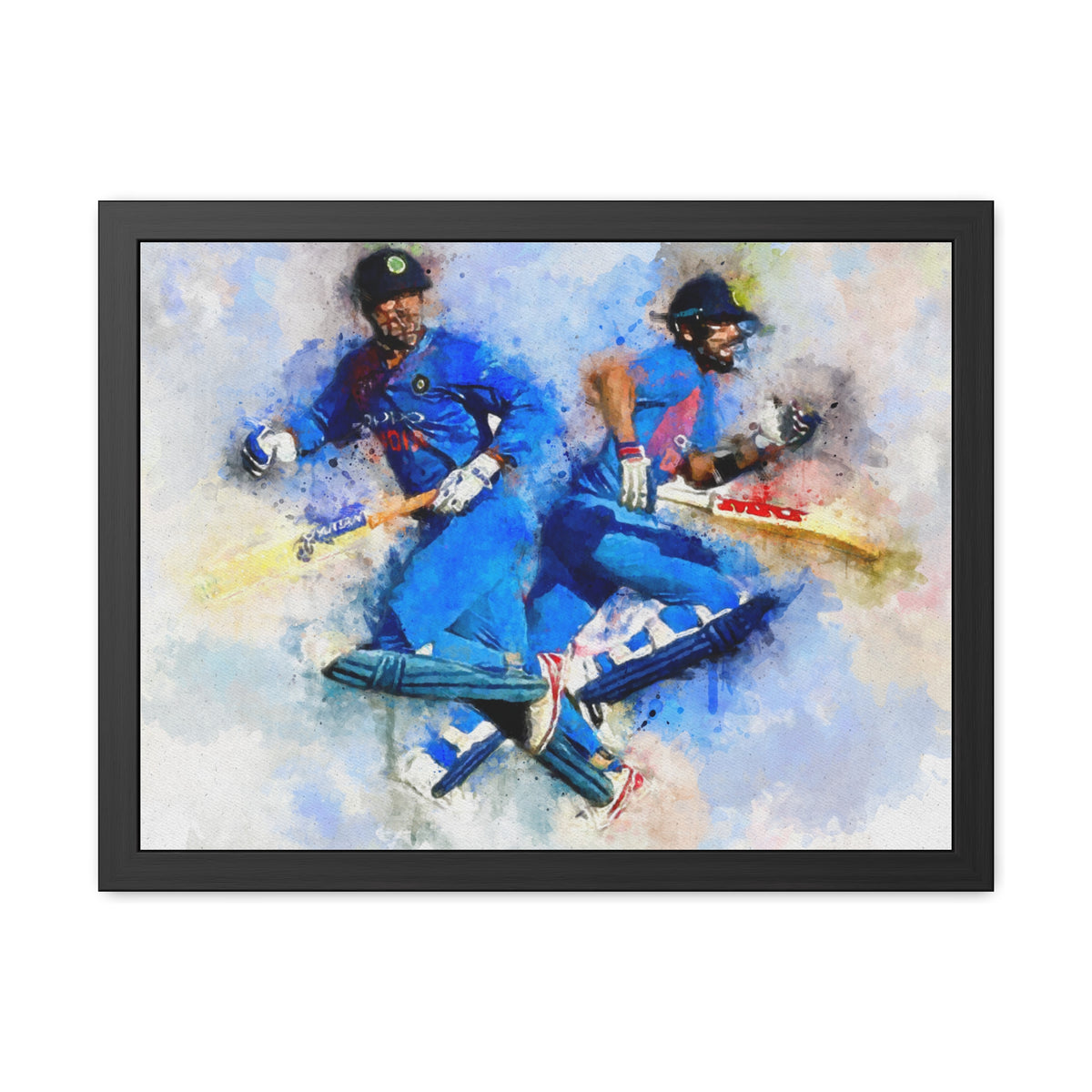 Dynamic Cricket Duets: Running Batters Watercolour Framed Art Print Poster - Ready to Hang Cricket Gift