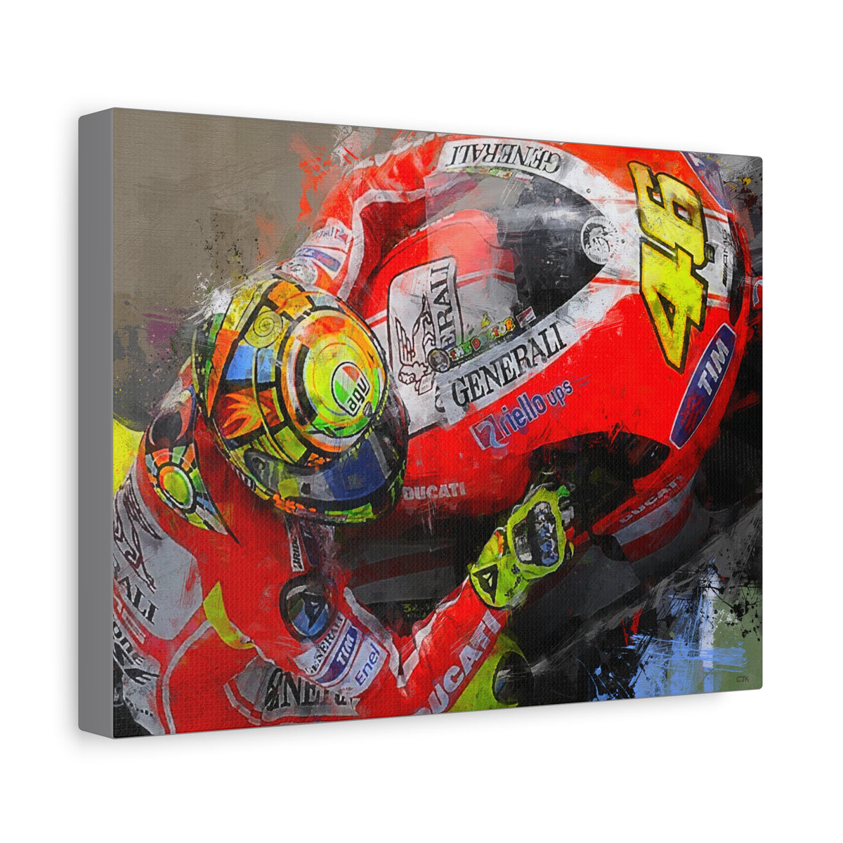 Ride the Thrill: Expressionist MotoGP Rider Close-Up - Stretched Canvas Fine Art Print Poster - Ready to Hang, Wall Art MotoGP Gift