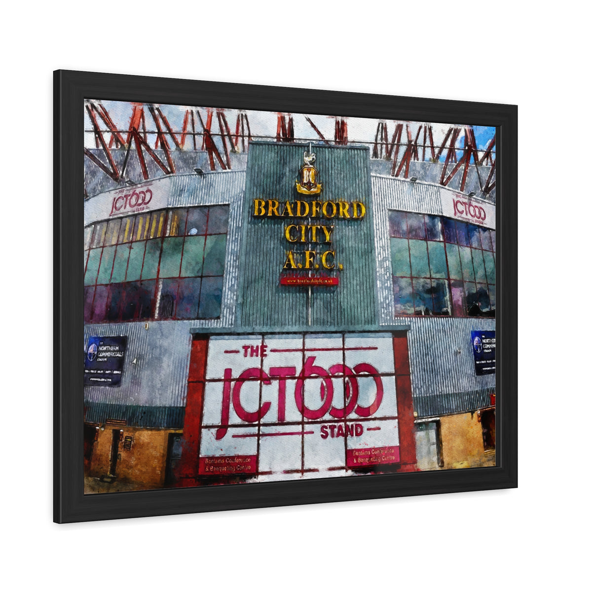 Bradford City Valley Parade Watercolour Fine Art Painting - Ready to Hang Framed Print Poster, Football Wall Art, Soccer Fan Gift