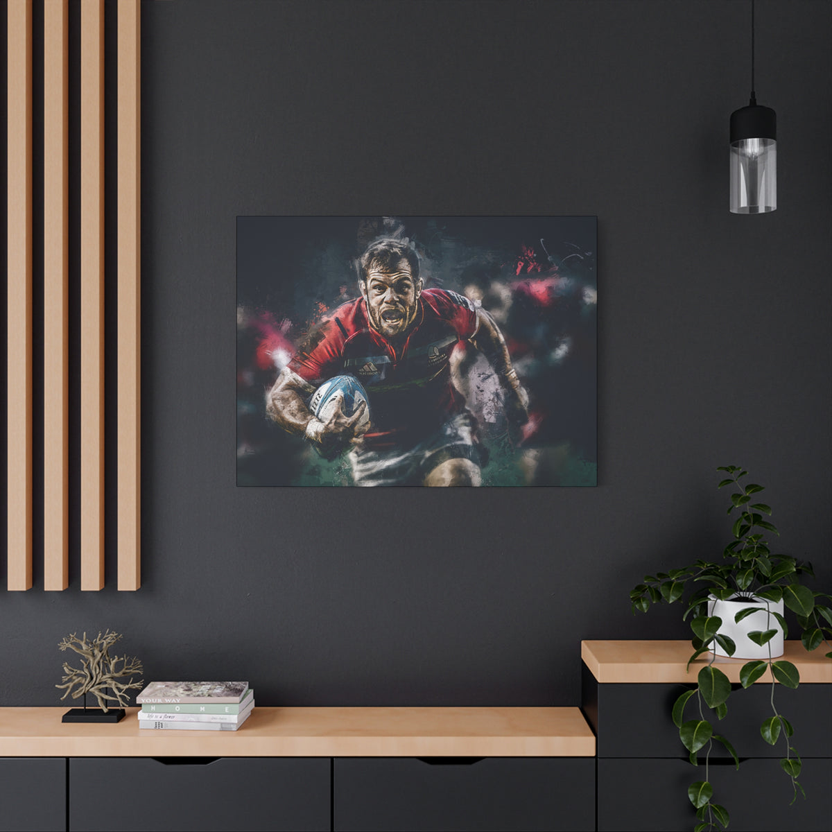 Dynamic Rugby Passion: Expressionist Stretched Canvas Fine Art Painting Print Poster - Ready to Hang Wall Art,  Rugby Fan Gift