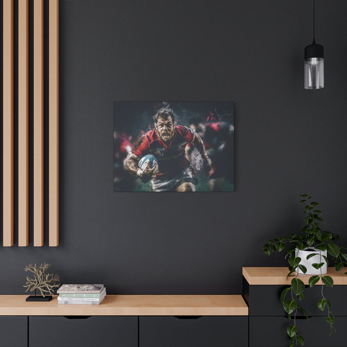 Dynamic Rugby Passion: Expressionist Stretched Canvas Fine Art Painting Print Poster - Ready to Hang Wall Art,  Rugby Fan Gift