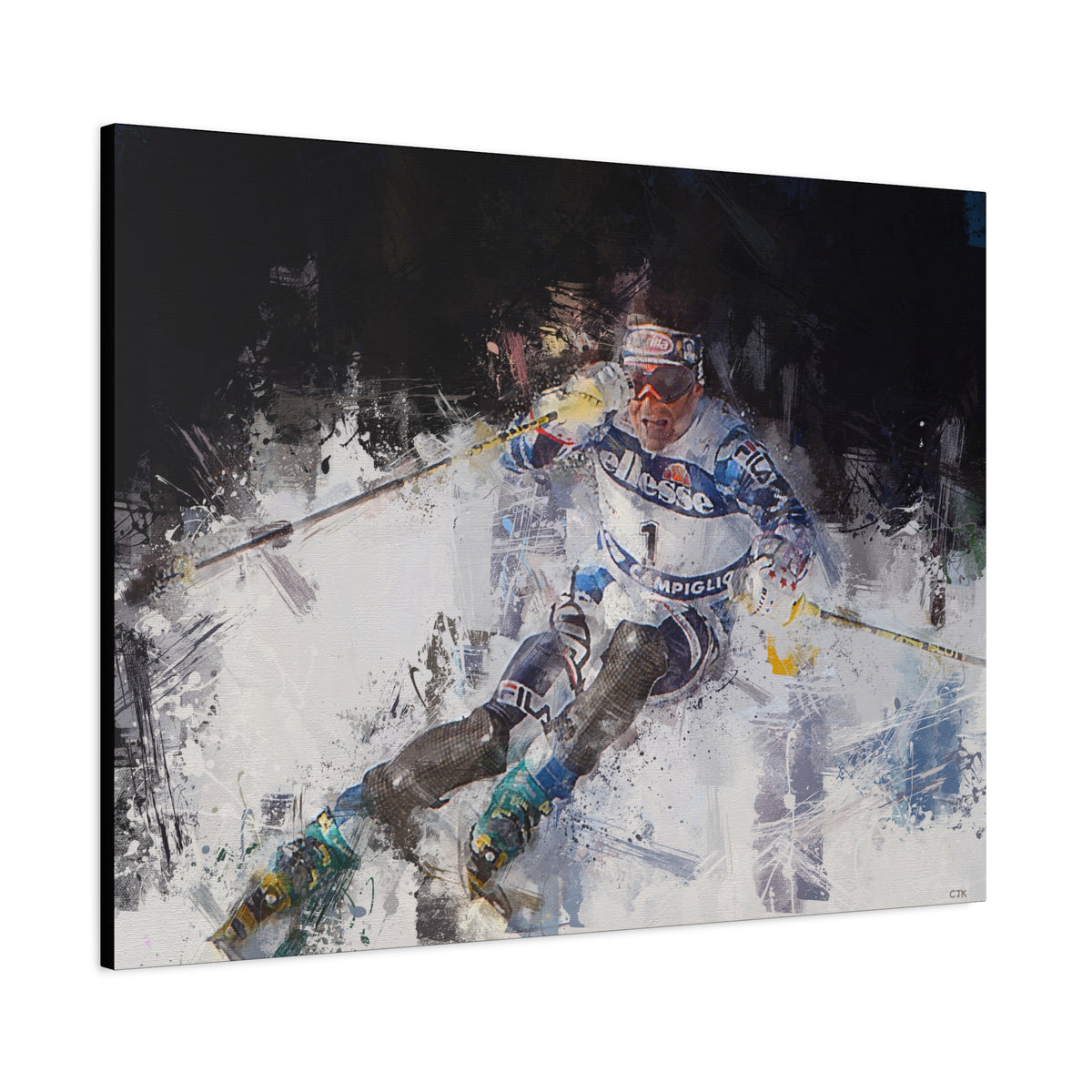 Alberto Tomba's Mastery Unleashed Skiing Painting Print on Stretched Canvas Skiing Fine Art Print Poster, Ready to Hang Wall Art, Skier Gift