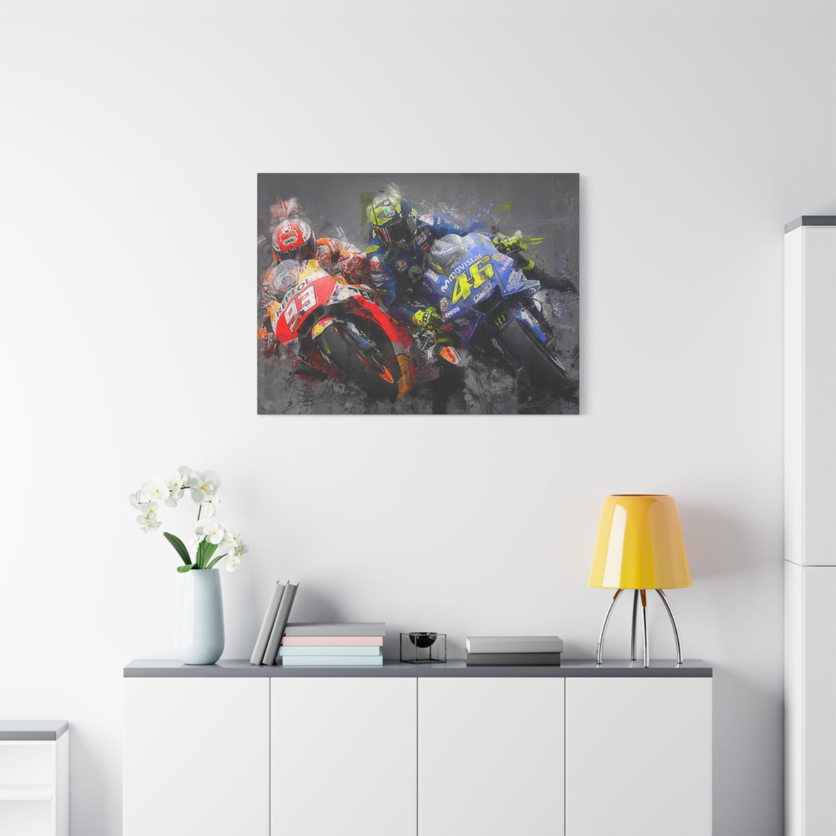 Dynamic Duel: Stretched Canvas Fine Art MotoGP Print Poster - Ready to Hang, Wall Art MotoGP Gift