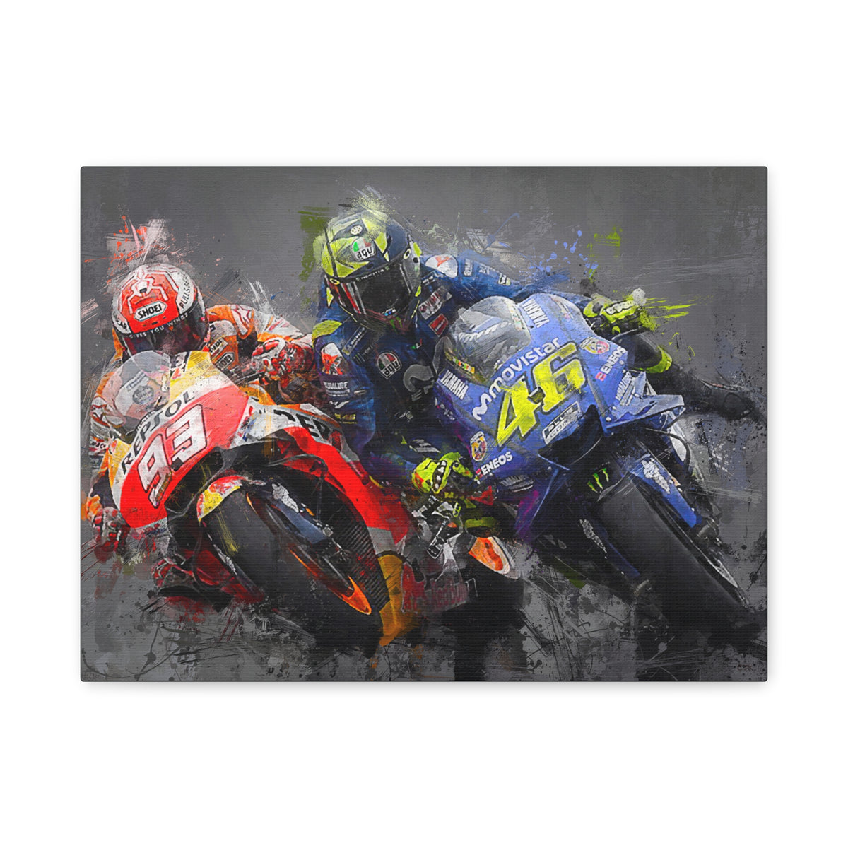 Dynamic Duel: Stretched Canvas Fine Art MotoGP Print Poster - Ready to Hang, Wall Art MotoGP Gift