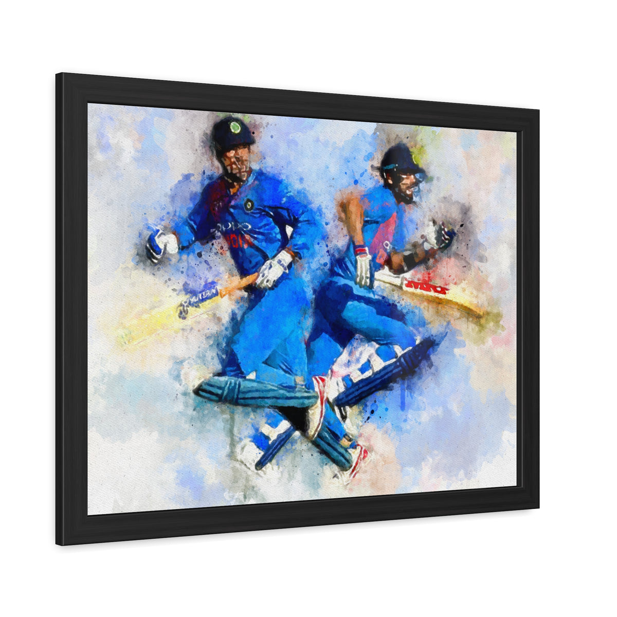 Dynamic Cricket Duets: Running Batters Watercolour Framed Art Print Poster - Ready to Hang Cricket Gift