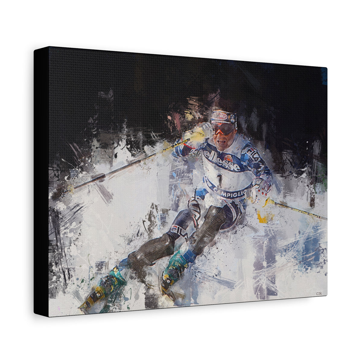 Alberto Tomba's Mastery Unleashed Skiing Painting Print on Stretched Canvas Skiing Fine Art Print Poster, Ready to Hang Wall Art, Skier Gift