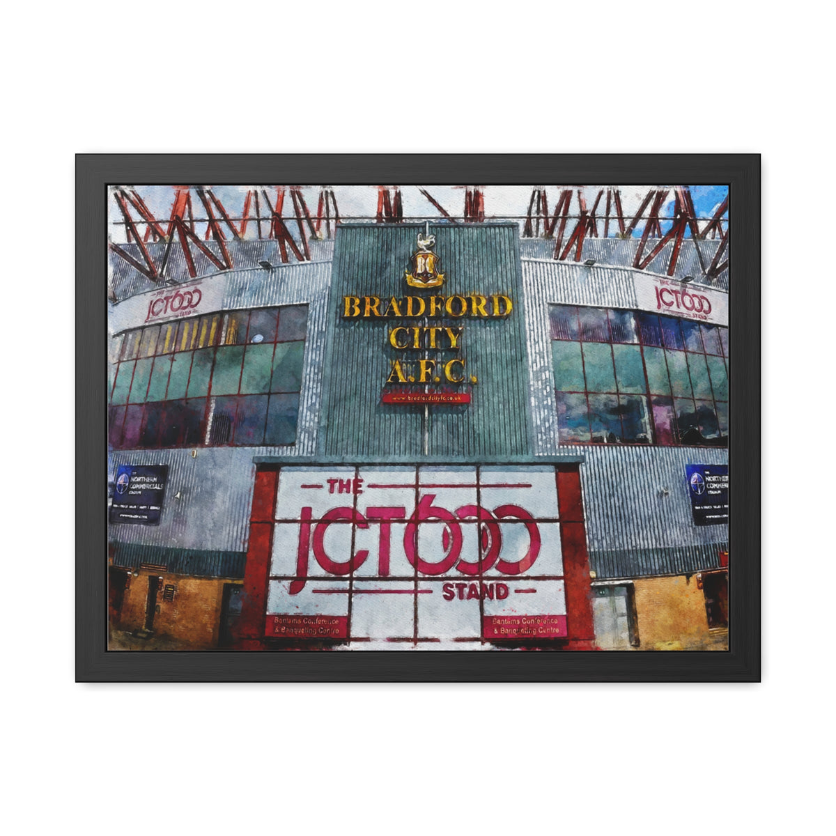 Bradford City Valley Parade Watercolour Fine Art Painting - Ready to Hang Framed Print Poster, Football Wall Art, Soccer Fan Gift