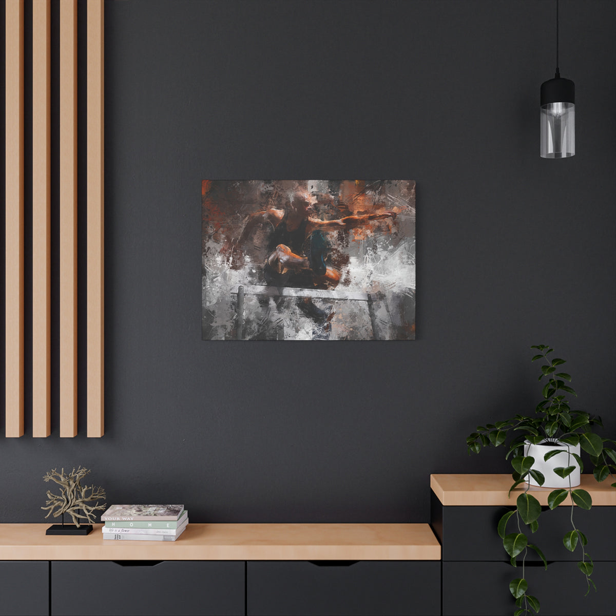 Athletic Hurdler Expressionist Canvas Print - Fine Art Athletics Décor with Expressive Brush Strokes and Splashes of Paint. Stretched Canvas Athletics Fine Art Print Poster - Ready to Hang Wall Art, Hurdling Fan Gift