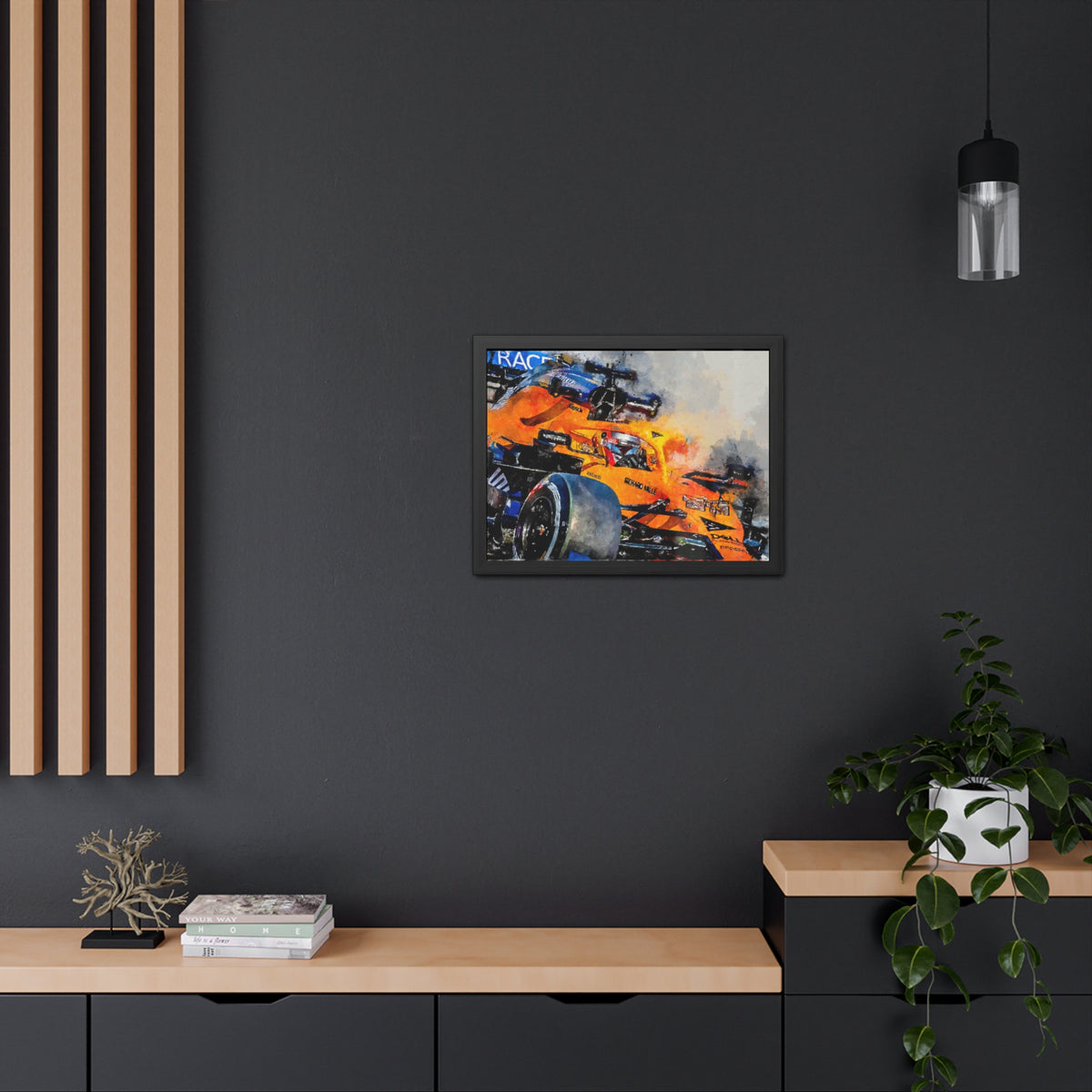 Experience the Thrill: Framed Watercolour F1 Fine Art Print Poster of a McClaren Racing Car - Ready to Hang, Wall Art Formula One Gift.