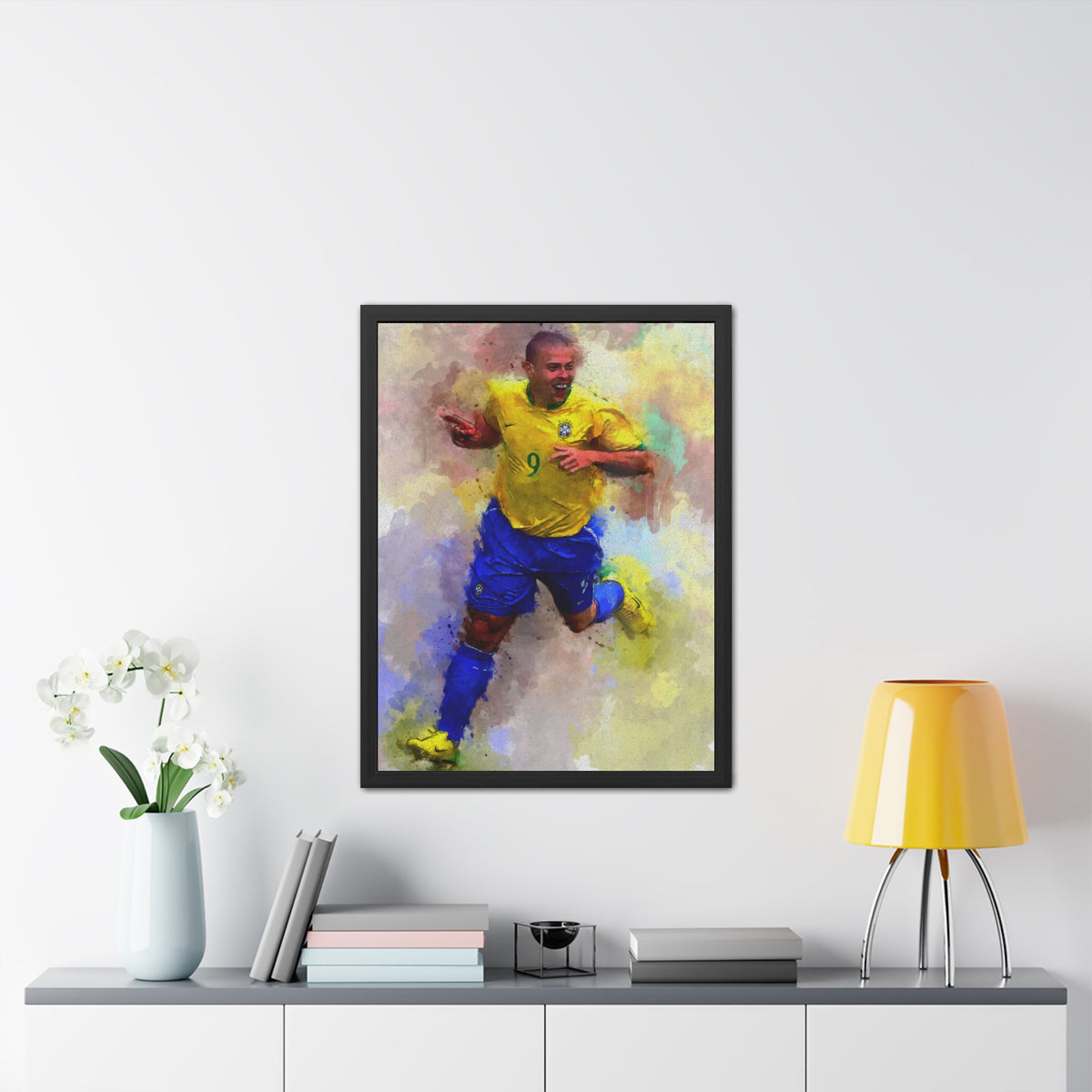 Brazilian Soccer Legend Ronaldo Expressionist Watercolour Portrait, Fine Art Print with Hand-Crafted Frame, Ready to Hang Framed Watercolour Fine Art Painting Print Poster, Football Wall Art, Soccer Fan Gift
