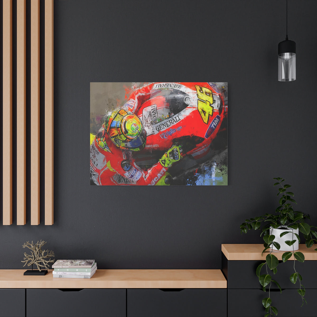 Ride the Thrill: Expressionist MotoGP Rider Close-Up - Stretched Canvas Fine Art Print Poster - Ready to Hang, Wall Art MotoGP Gift