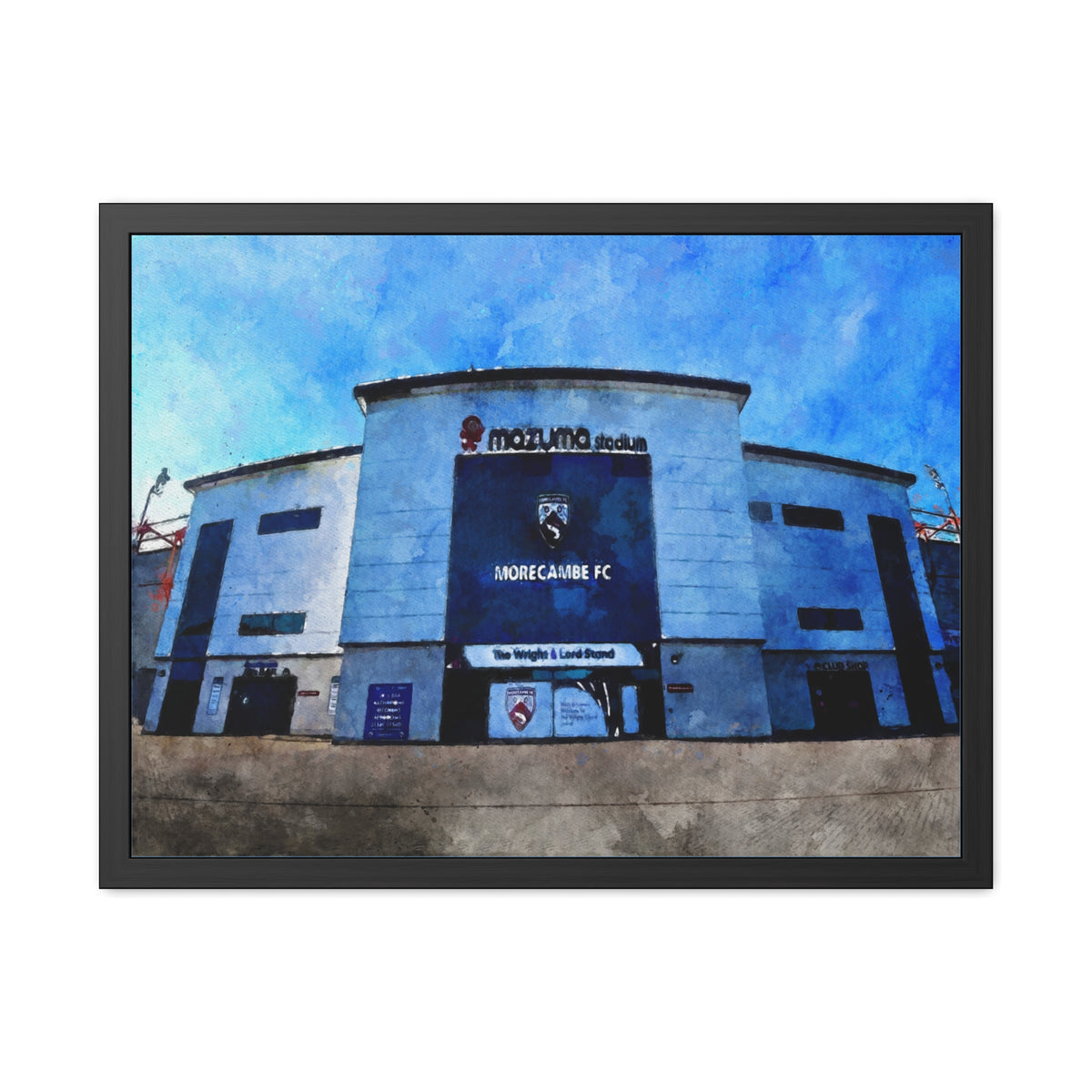 Morecambe’s Mazuma Stadium Watercolour Fine Art Painting - Ready to Hang Framed Print Poster, Football Wall Art, Soccer Fan Gift