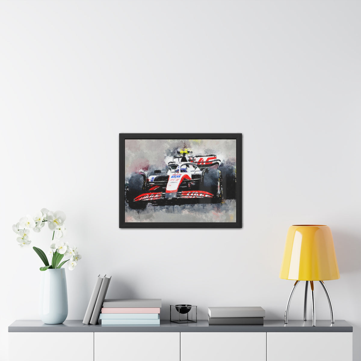 Drive into the Haas Speedscape: Framed Watercolour F1 Fine Art Print - Ready to Hang, Wall Art Formula One Gift