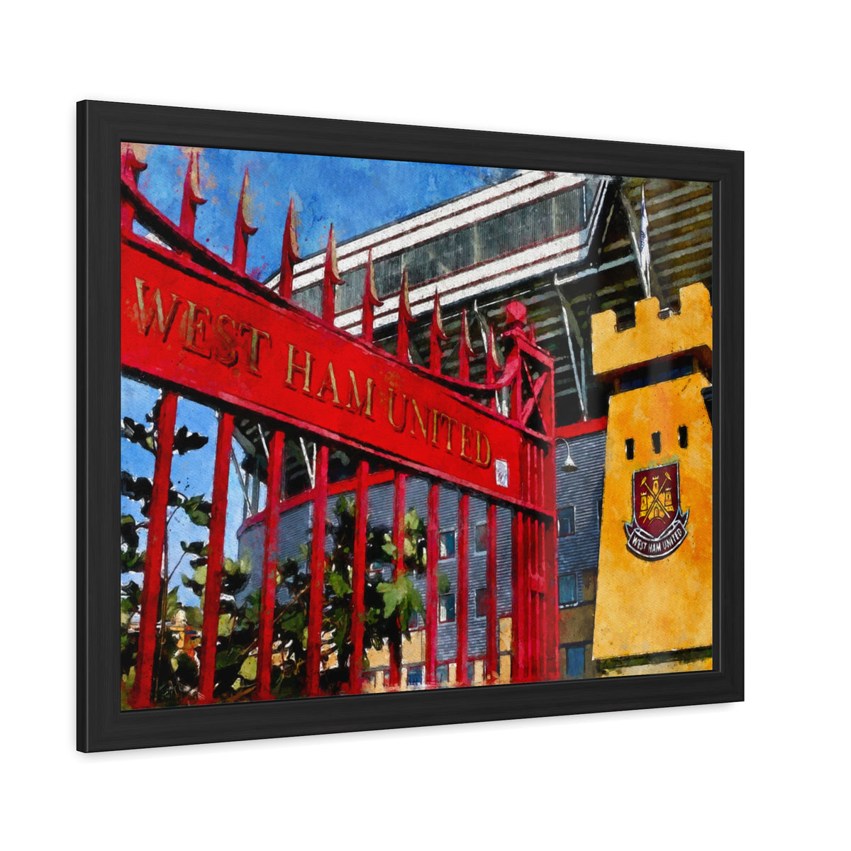 West Ham’s Boleyn Stadium - Expressionist Modern Art - Ready to Hang Framed Watercolour Fine Art Painting Print Poster, Football Wall Art, Soccer Fan Gift