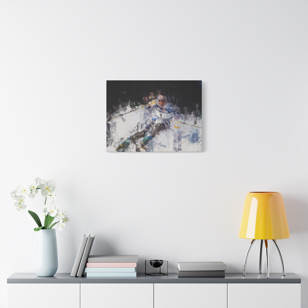 Alberto Tomba's Mastery Unleashed Skiing Painting Print on Stretched Canvas Skiing Fine Art Print Poster, Ready to Hang Wall Art, Skier Gift
