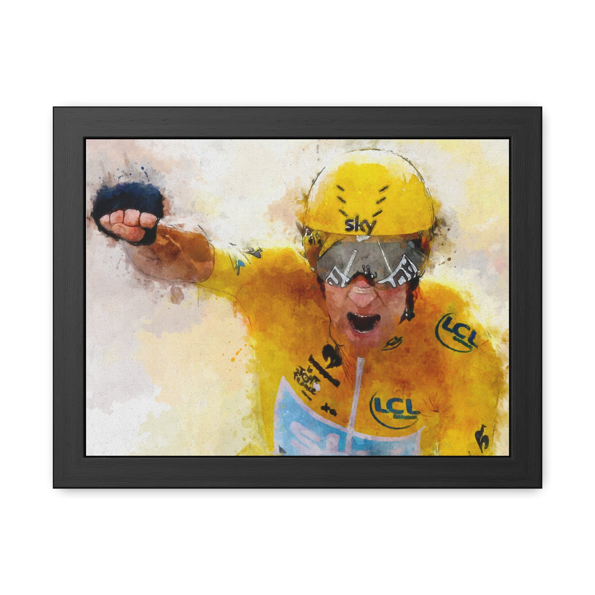 Bradley Wiggins Tour de France Glory: Yellow Jersey Triumph in Framed Watercolour Art Print