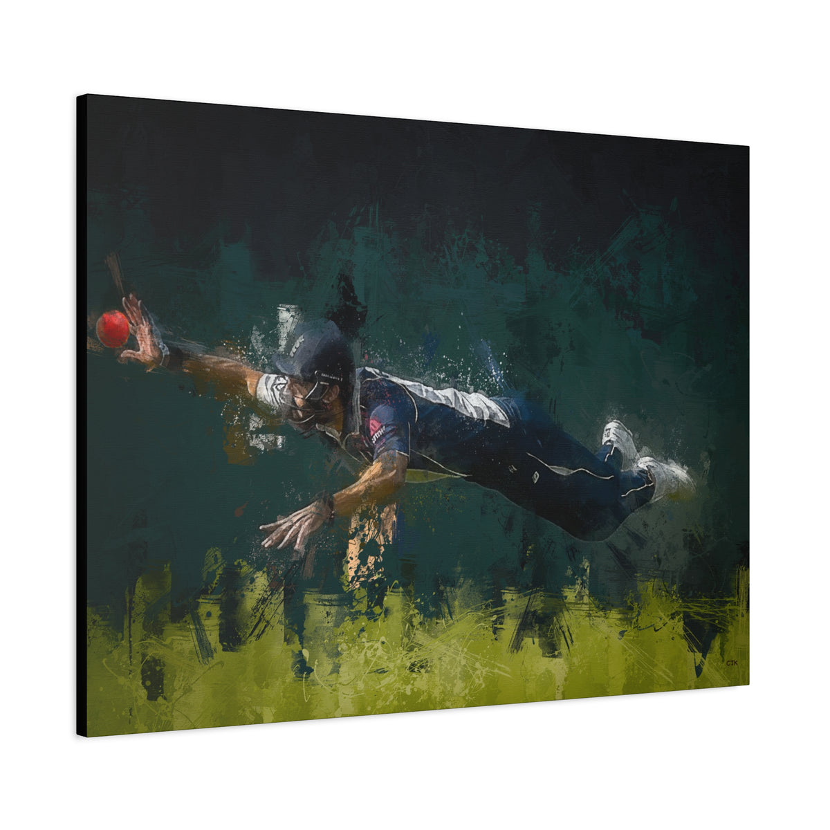 Expressive Cricket Capture: Fielder's Dynamic Dive - Stretched Canvas Art Print Poster - Ready to Hang Cricket Gift