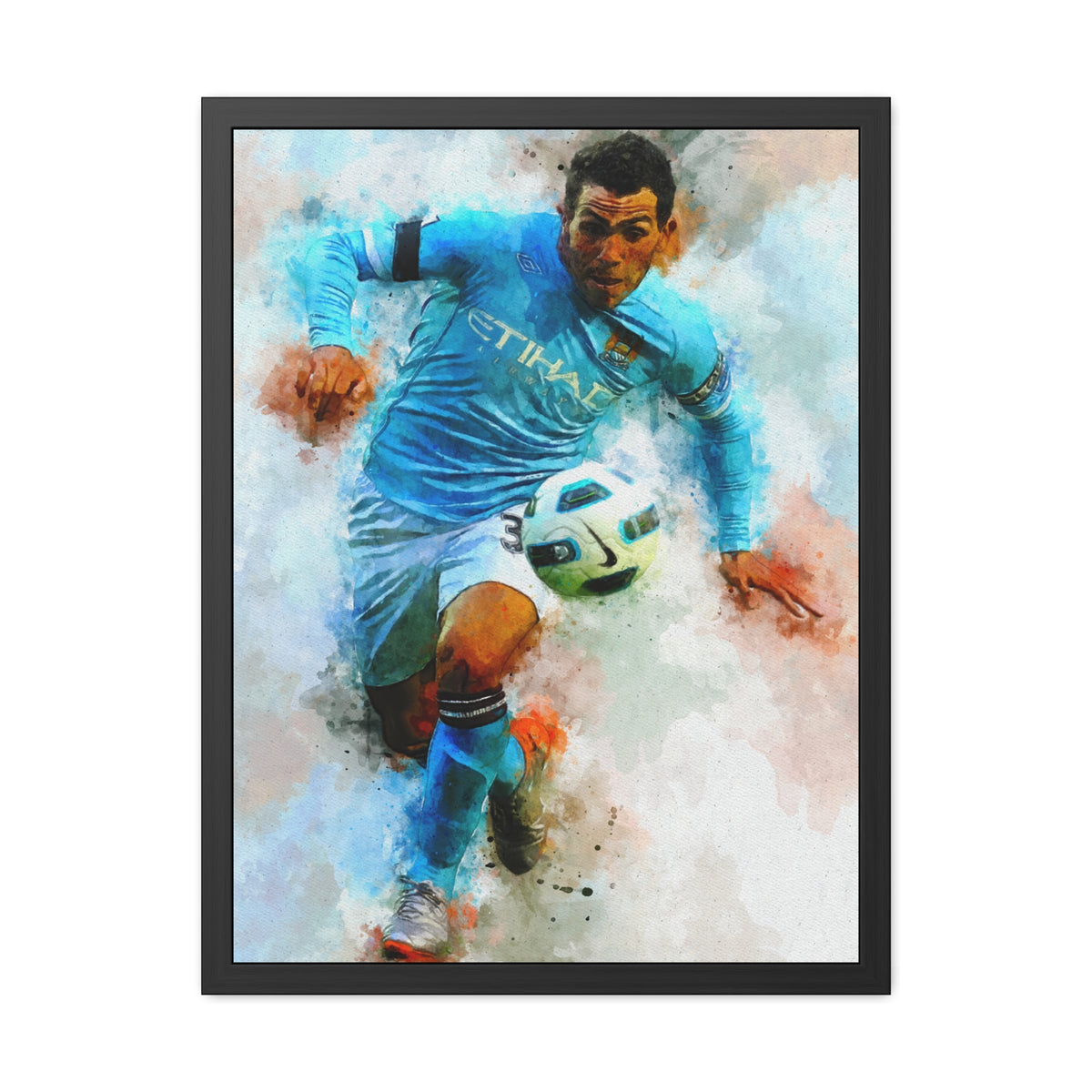 Carlos Tevez Expressionist Portrait - Soccer Legend Art! Ready to Hang Framed Watercolour Fine Art Painting Print Poster, Football Wall Art, Soccer Fan Gift